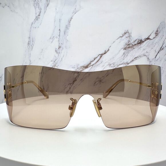 New MIU MIU Aube Sunglasses Gold Light Brown Mirror Bronze Rimless Wrap Womens main image 5